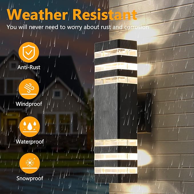 tewei 1 Pack LED Square Up and Down Lights Outdoor Wall Mount Light, 3-Layer Black Modern Outdoor Lights for House, IP65 Waterproof Aluminum Exterior Lamps for Front Porch Garage, Warm White 3000K