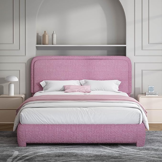 BarnFurin Queen Bed Frame with Headboard, Boucle Upholstered Platform Bed with Wood Slats, Soft Rounded Corners, No Box Spring Required, Easy Assembly, Rose Pink