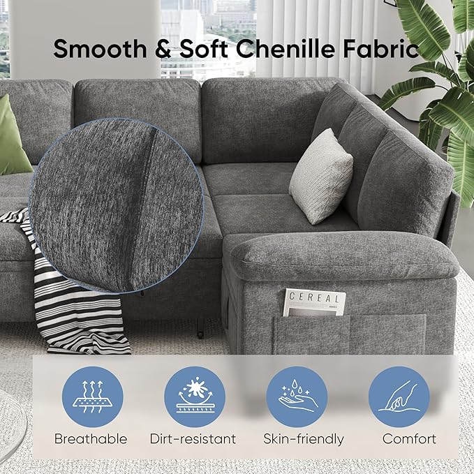 100" Modular Sectional Sleeper Sofa with Pull Out Bed,U Shaped 7 Seat Sectional Sofa with Storage,Modular Couch for Living Room,Deep Seat Couch with Removable Sofa Cover,Gray