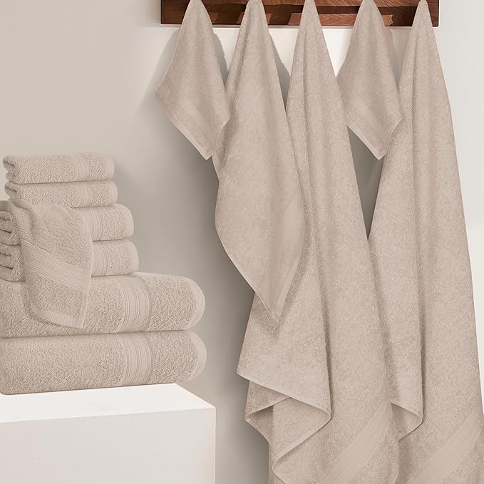 BOUTIQUO 24 Pack Cotton Towel Set, Contains 6 Bath Towels 27x54 inch, 6 Hand Towels 16x24 inch & 12 Wash Coths 12x12 inch, Ideal Everyday use, Ultra Soft Compact & Lightweight - Tan