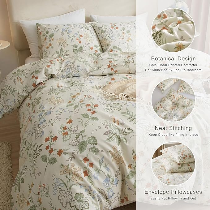 EAVD Fresh Vintage Floral Comforter Set Twin XL White Soft Microfiber Garden Leaves Floral Bedding Comforter Set with 2 Pillowcases Reversible Cottagecore Botanical Comforter Set for Girls Women