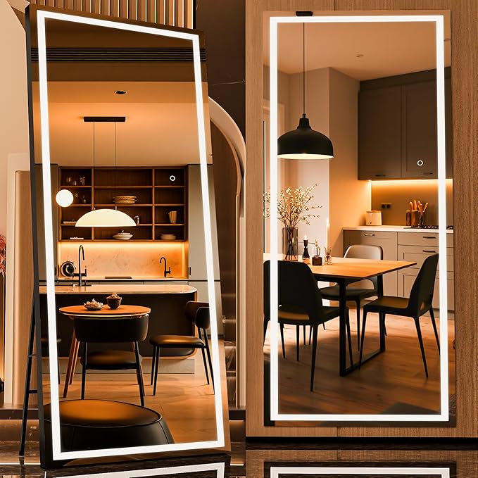 Full Length Mirror with Lights, 71" x 32" LED Lighted Floor Standing Mirror, Tempered Glass, Square Black