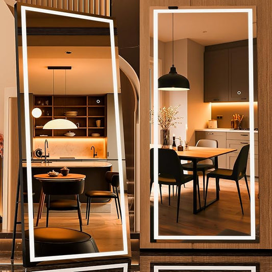 Full Length Mirror with Lights, 71" x 32" LED Lighted Floor Standing Mirror, Tempered Glass, Square Black