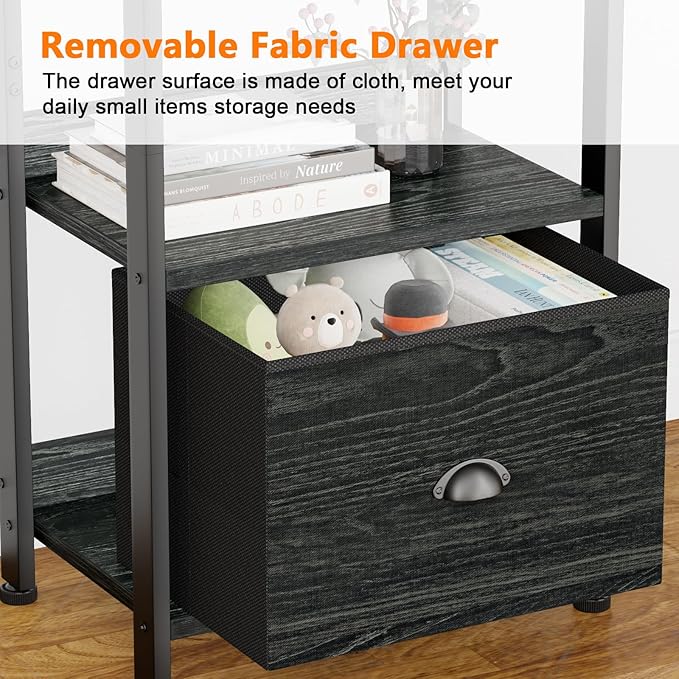 Furologee 4 Tier Bookshelf with Drawer, Small Narrow Bookcase, Wood and Metal Standing Shelf Unit, Industrial Display Storage Shelves Organizer for Bedroom, Living Room, Entryway, Black