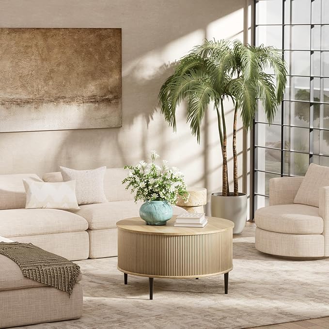 Yechen Round Coffee Table with Storage, 31.5" Flip-top Fluted Center Table, Midcentury Modern Lift Top Curved Table for Living Room,Natural