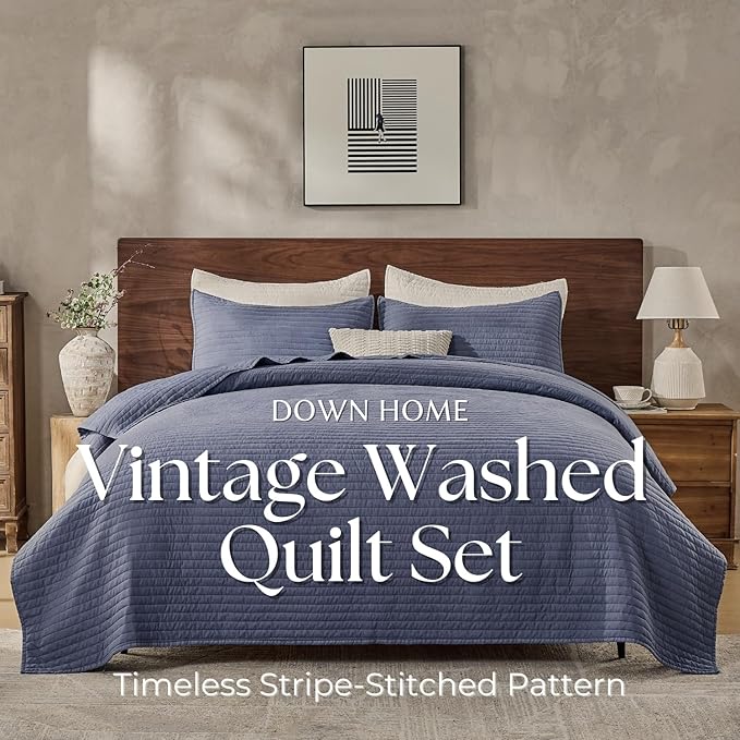 DOWN HOME King Quilt Bedding Set with Shams, Vintage Washed Soft Quilted Blanket Thin Comforter Lightweight Bedspread Coverlet Bed Cover, Brushed Microfiber Stripe Stitching, Vintage Denim, 104"x90"