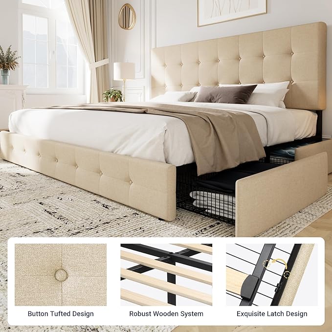 Allewie Upholstered King Size Platform Bed Frame with 4 Storage Drawers and Headboard, Square Stitched Button Tufted, Mattress Foundation with Wooden Slats Support, No Box Spring Needed, Beige