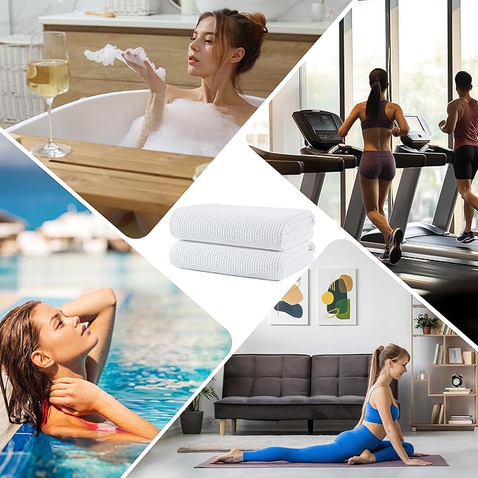 POLYTE 380 GSM Microfiber Oversize Quick Dry Lint Free Waffle Bath Towel for Body, 60 x 30 in, Set of 2