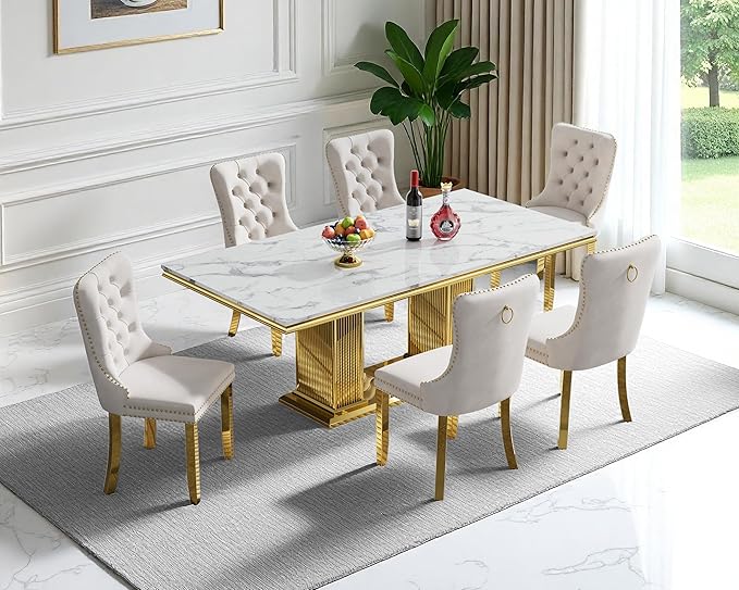 68" Faux Marble Dining Table Set for 6, 7-Piece Dining Set with White Gold Kitchen Table and 6 Velvet Tufted Chairs, Modern Rectangular Dining Room Tables with Column-Shape Stainless Steel Base