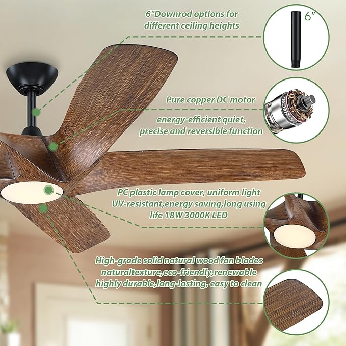 60 Inch Ceiling Fans with Lights and Remote,5 Blades Large Walnut Ceiling Fan, Outdoor Ceiling Fan with 6 Speeds,Reversible DC Motor, Timer for Living Room, Farmhouse, Patio(Dark Brown)