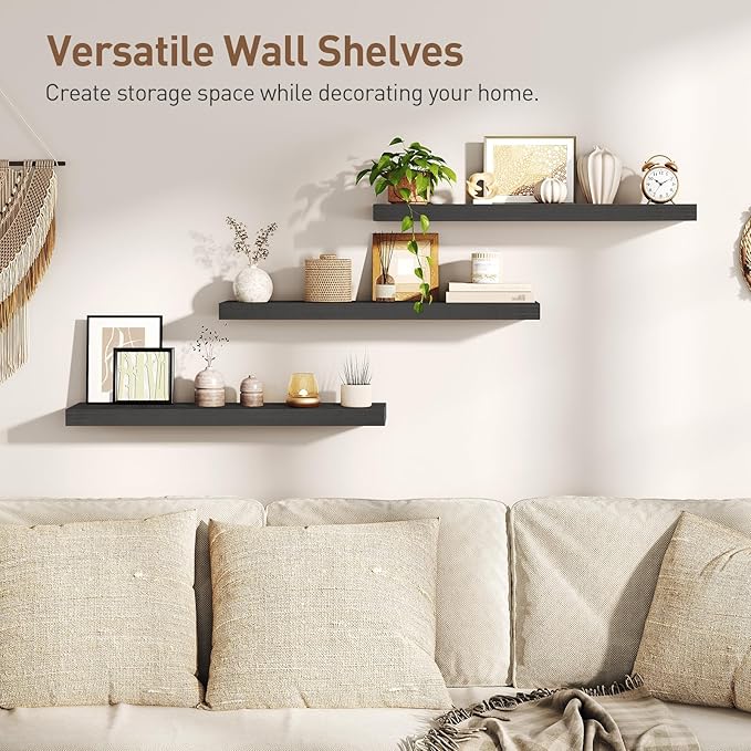 Floating Shelves for Wall, 1.5" Thick Wall Shelf Set of 3 with Invisible Brackets, L31.5 x W7.9 Hanging Book Shelves Farmhouse Home Decor for Bathroom, Living Room, Bedroom, Black 8301BJP3BK