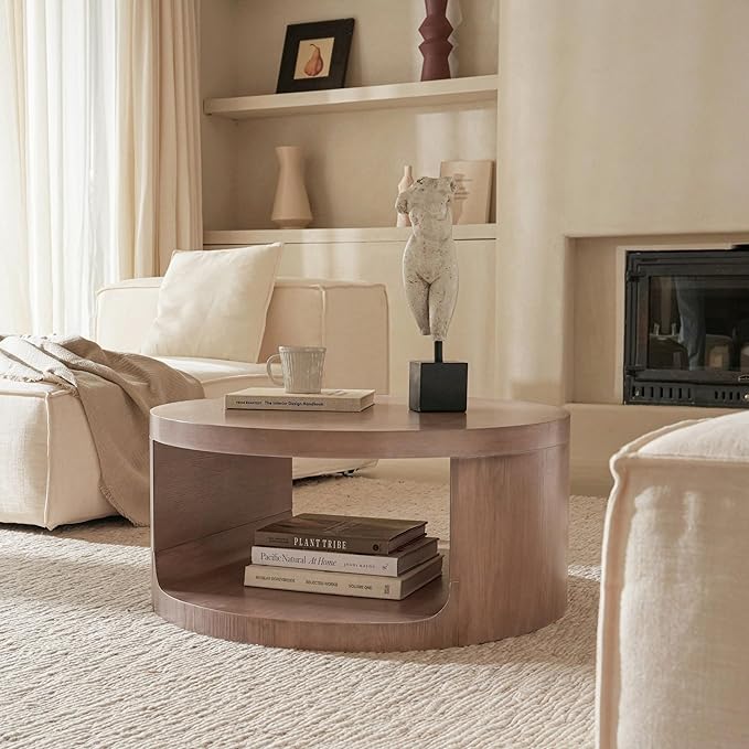 Round Coffee Table with Storage, 31.5" Modern Living Room Table, 2 Tier Circle Wood Center Tables for Apartment, Living Room, Open-Style Storage Gray Coffee Tables, 31.5"*15.7" (Gray)