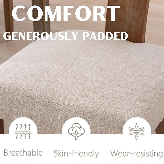 Rattan Dining Chairs Set of 4, Mid Century Modern Dining Chair Upholstered Linen Fabric Kitchen Side Chair, Modern Kitchen Armless Solid Wood Dining Chairs, Beige