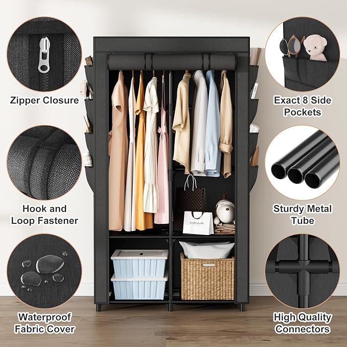 Portable Closet for Hanging Clothes, Portable Wardrobe Closet with Cover, 4 Storage Shelves, 2 Hanging Rods and 8 Side Pockets, Easy Assembly and Sturdy Free Standing Closet for Bedroom, Black