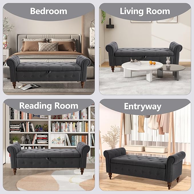 GNIXUU 63" End of Bed Storage Bench for Bedroom, Upholstered Ottoman Seat with Storage for Living Room, Window, Entryway, Grey Velvet