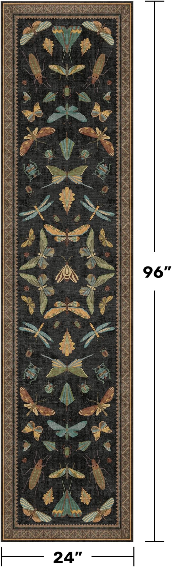 Vintage Insect 2x8 Black Entryway Runner Rug, Washable Non Slip Runners for Kitchen, Boho & Nature Long Rugs for Hallway, Low Pile Soft Stain Resistant Carpet