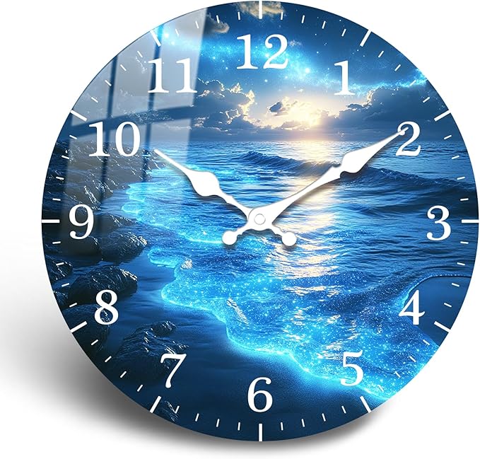 Blue Tears Wooden Wall Clock Battery Operated 10 Inch Coastal Beach Silent Wall-Clock Non Ticking Analog Blue Wall Clocks for Bedroom, Office Decor