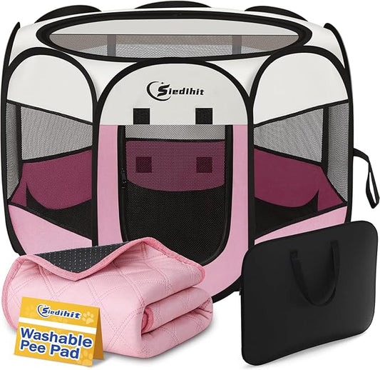 Pink Puppy Playpen for Middle Dog Cat, Dogs Tent Crate Cage Indoor/Outdoor, Portable Pop Up Dog Kennel with Carrying Bag for Rabbits, Removable Top (Pink with Pad, Medium (36" x 36" x 23"))