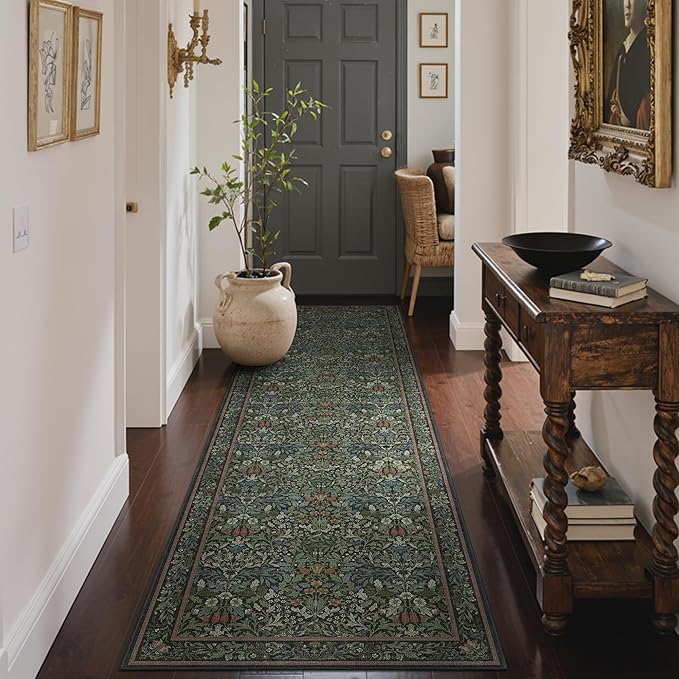 GENIMO Floral Washable Runner Rug 2’6”x12’, Non-Slip Long Hallway Carpet for Entryway, Kitchen, Indoor Floor Use, Vintage Boho Soft Thin Rug Décor, Dark Green