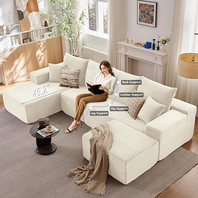 135" L-Shape Sofa with Ottoman, Modern Modular Sectional Comfy U-Shape Cloud Couch, Deep Seat, Upholstered Corduroy Sleeper Chaise Longue for Living Room Bedroom, No Assembly Required, White
