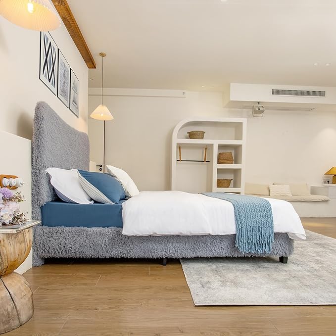 Brafab Queen Bed Frame with Headboard, Boho Fluffy Boucle Cloud Upholstered Platform Bed with Soft Rounded Corners and Wooden Slats, No Box Spring Needed, Noise Free, Easy Assembly, Gray