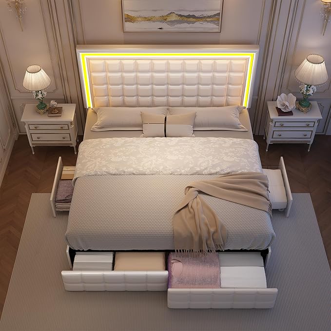 Queen Bed Frame with LED Lights & Storage Drawers, No Box Spring Needed, Heavy Duty 900lbs Weight Capacity, Easy Assembly, Modern Upholstered Platform Bed, PU White
