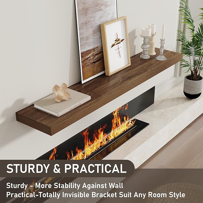 Fun Memories 48 Inch Floating Shelves for Wall 8 Inch Deep Walnut Shelves Set of 2, Wall Mounted Rustic Wood Long Floating Shelf, Large Display & Storage Shelf with Invisible Brackets