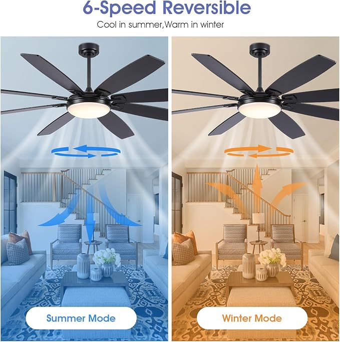 72 Inch Large Ceiling Fans with Lights, Modern Black Ceiling Fans with 8 Wooden Blade, 6 Speeds, Reversible DC Motor, 3 Colors LED Fans Light for Indoor Living Room/Covered Outdoor