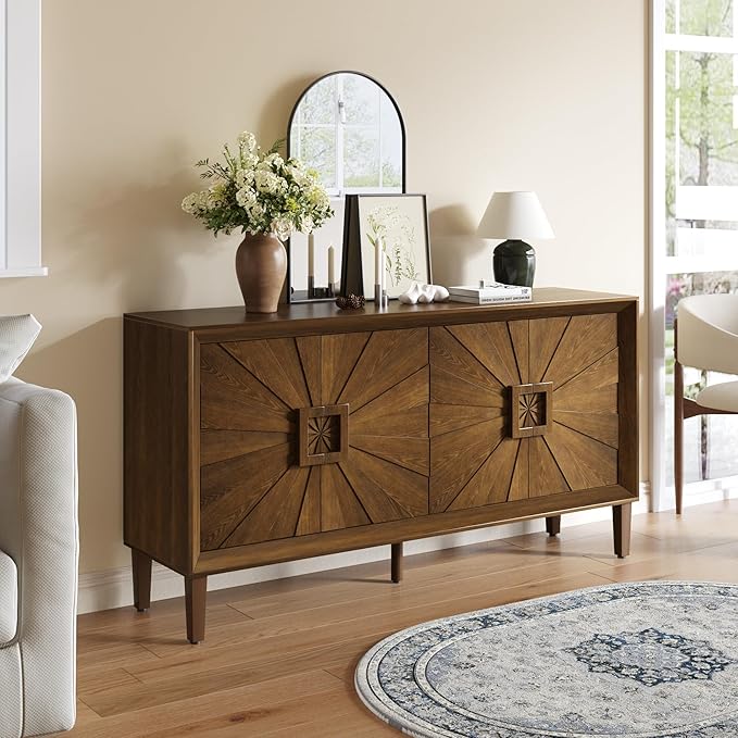 60'' Rustic Large Sideboard with 4 Doors and Adjustable Shelves, Heavy-Duty Antique Wood Entryway Console Table TV Stand for Living Room Dining Room (Antique Brown-10.2)