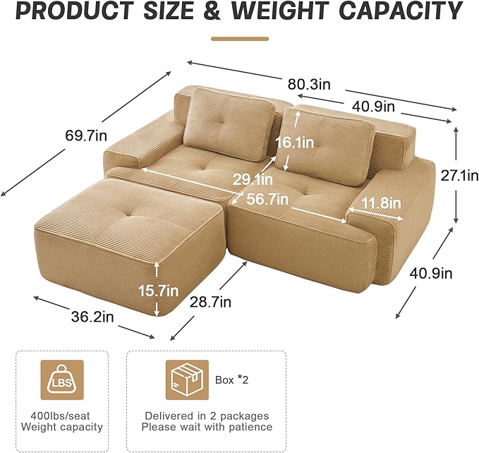 80'' Loveseat Sofa, 32D Foam Corduroy Boneless Couch with Pillow, Deep Seat Wide Arm Sectional L Shaped Couch for Living Room, Small Spaces, Studio Apartment
