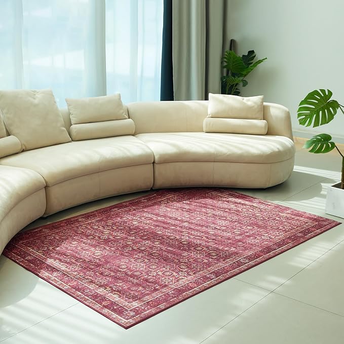8x10 Soft Washable Area Rugs for Living Room and Bedroom, Non-Slip Stain Resistant Indoor Carpet, Cozy Floor Mat for Dining Room, Office, Under TableStain Resistant Persian red Floral