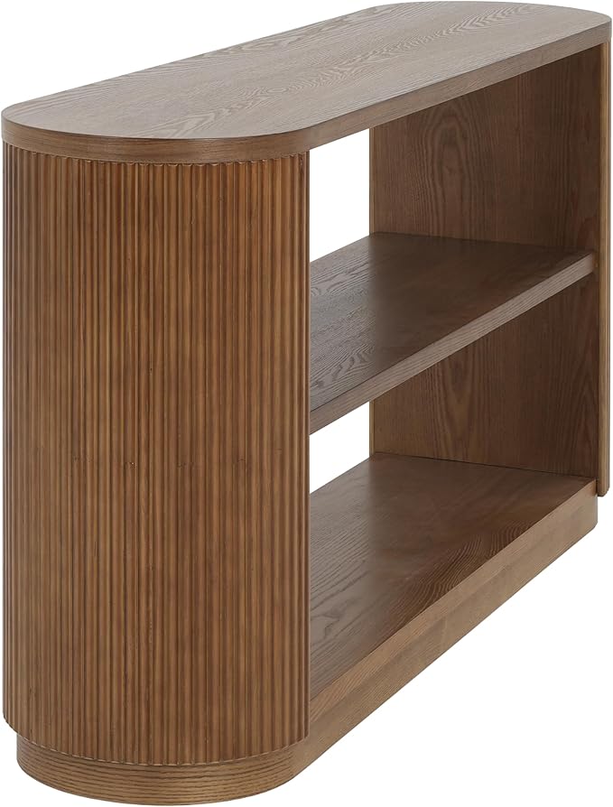Modern Curved Console Table for Entryway, Farmhouse Solid Wood Fluted Sofa Table with Open Shelf & Elegant Wood Grain, Oval Long Foyer Table for Entry Way Hallway Living Room-58.9" Brown