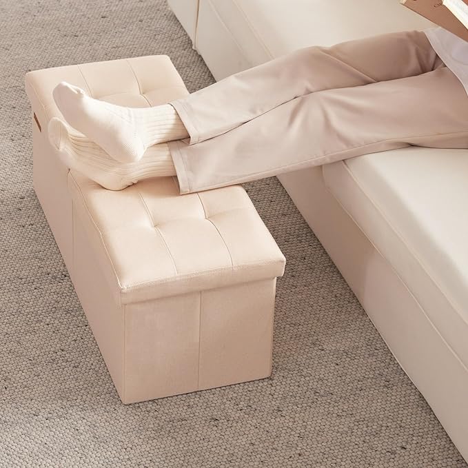 HAUSFRAU 31.5 Inches Ottoman with Storage, Folding Ottoman Small Foot Rest Stool Bedroom Bench with Flipping Lid, Linen Beige