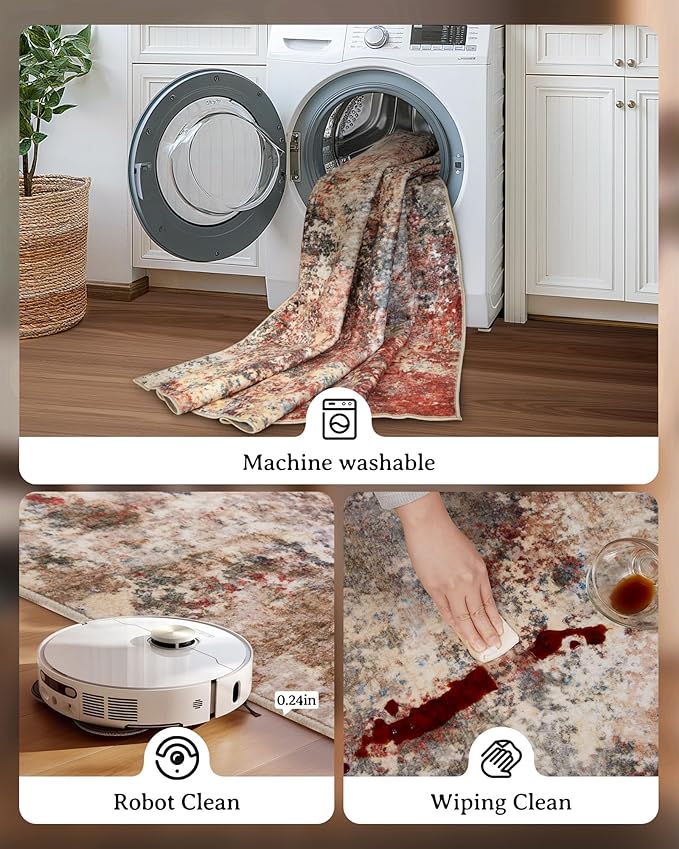 Washable Area Rug for Living Room: 8x10 Modern Abstract Neutral Soft Rug for Bedroom Dining Room No Slip Low Pile Carpet for Nursery Home Office - Red/Ivory