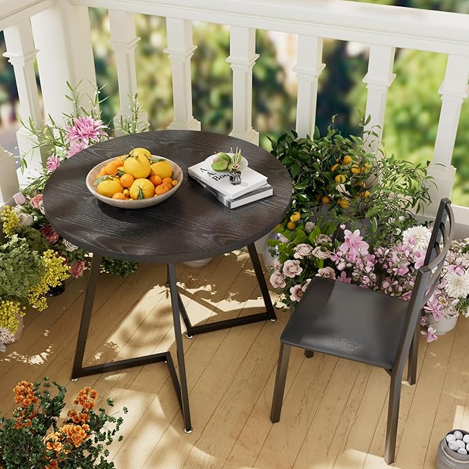 VECELO Round Dining Table Set for 2, Heavy-Duty Metal Frame & Upholstered Chair for Breakfast Nook, Kitchen, and Small Space, Matte Black