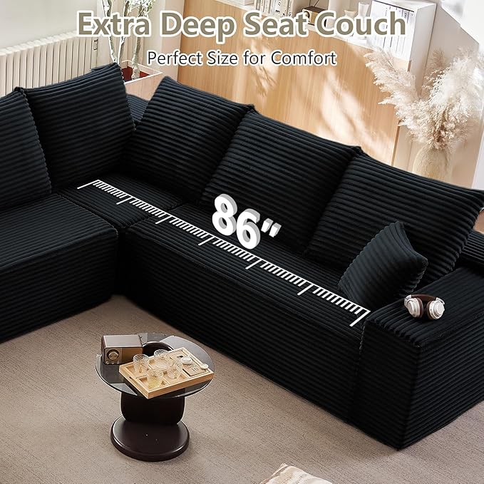 Sectional Cloud Couch with L-Shape Chaise, Upholstered Corduroy Couches Stupendous U Shaped Sofas, Modern Modular Comfy Sofa with Deep Seat for Living Room Bedroom, No Assembly Required, Black