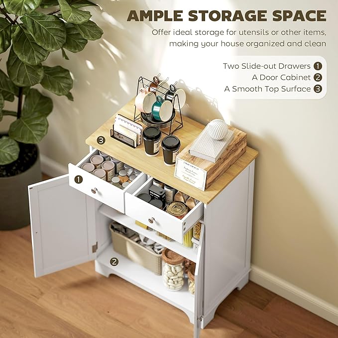 HOMCOM Sideboard Buffet Cabinet with Solid Wood Countertop, Modern Kitchen Storage Cabinet, Coffee Bar Cabinet with 2 Drawers, Doors and Adjustable Shelf, White