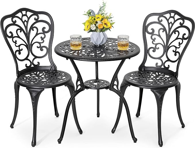 NUU GARDEN 3 Piece Bistro Set Outdoor, All Weather Cast Aluminum Patio Bistro Sets Patio Table and Chairs Set of 2 with Umbrella Hole for Yard, Balcony, Black, Butterfly Backrest