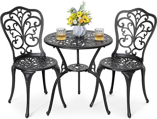 NUU GARDEN 3 Piece Bistro Set Outdoor, All Weather Cast Aluminum Patio Bistro Sets Patio Table and Chairs Set of 2 with Umbrella Hole for Yard, Balcony, Black, Butterfly Backrest