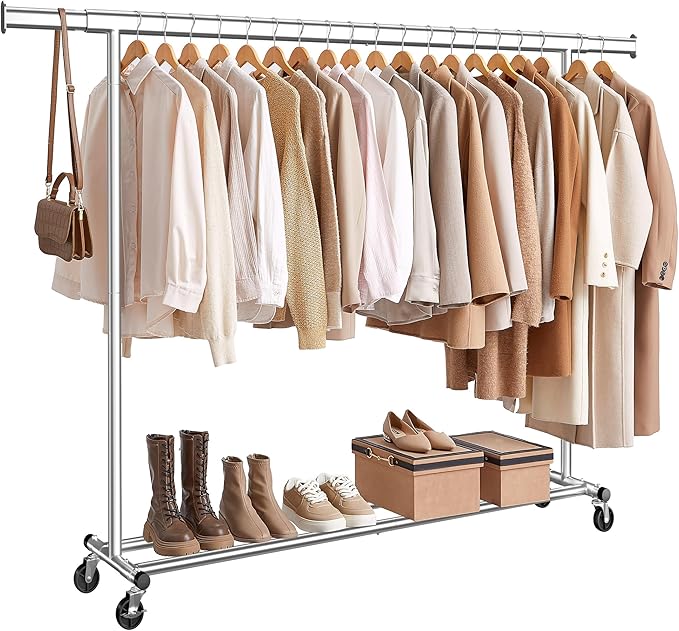 SONGMICS Clothes Rack with Wheels, Heavy-Duty Clothing Rack for Hanging Clothes, Portable, 17.7 x (63-78.7) x 63.6 Inches, with Extendable Rail, 330 lb Load Capacity, Silver UHSR175E01