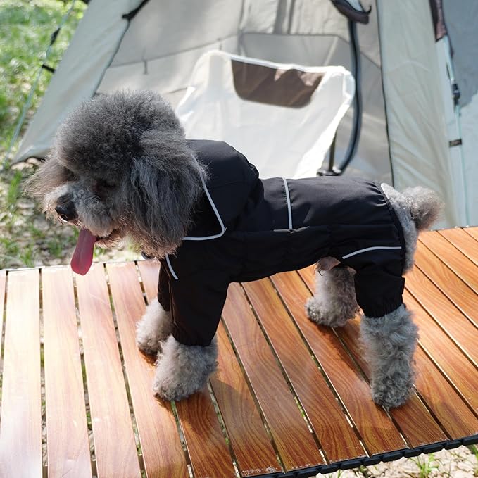 LOVELONGLONG Waterproof Dog Raincoat with Removable Hood – Outdoor Full Body Dog Jacket, Windproof Snowproof Shell Suit – All Season Pet Rain Gear Black XXS