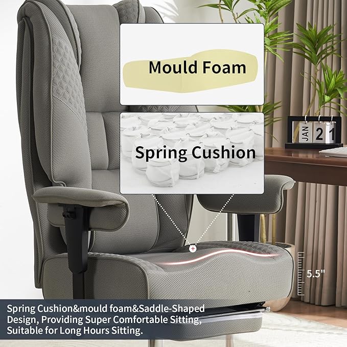 Big and Tall Office Chair with Footrest, PU Leather High Back Executive Office Chair 400lbs, Ergonomic Computer Chairs Lumbar Support for Heavy People (Mesh Grey)