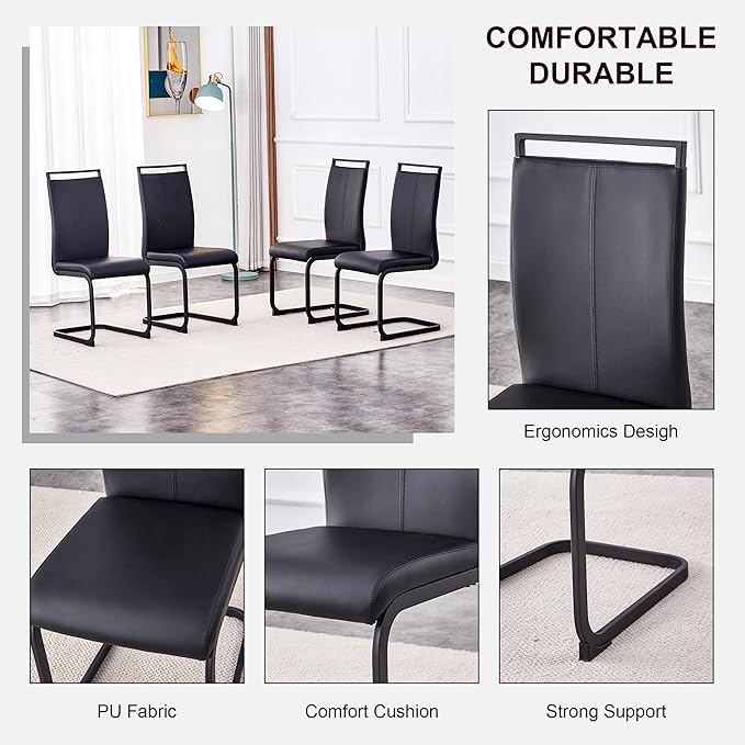 71" Dining Table Set for 6, Black Faux Marble Dining Room Table Set for 6, Large Rectangular Kitchen Table Set and PU Leather Chairs,Glossy Tempered Glass Dinner Table with Black Leg