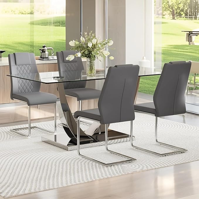 AZmac 63” Glass Dining Room Table Set for 4, Modern Kitchen Table and Chairs Set of 4, Dining Sets with Rectangular Tempered Glass and Sturdy Silver Chrome Base, for Kitchen Home