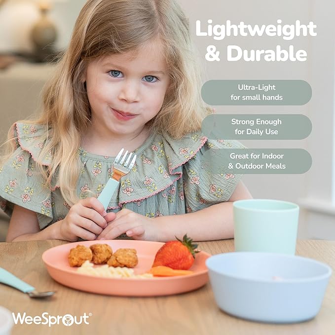 WeeSprout Bamboo Plates, Set of 4, Kid-Sized Dinnerware, Dishwasher Safe Melamine Dishware (Pink, Green, Gray, & Beige, Without Lids)