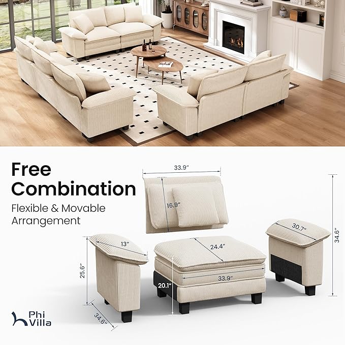 PHI VILLA Cloud Modular Couches Sets, 3 Pieces Large Sectional Sofa Set with Loveseats, 7-Seater Upholstered Couch for Living Room, Corduroy, Beige