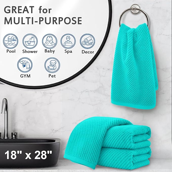 VOOVA & MOVAS Bathroom Hand Towels Set of 4, Large 18"x28" - 100% Cotton | Quick Dry | Light Weight | Thick | Soft | Absorption, Luxury Hand Towels for Showering, Turquoise Bathroom Decor