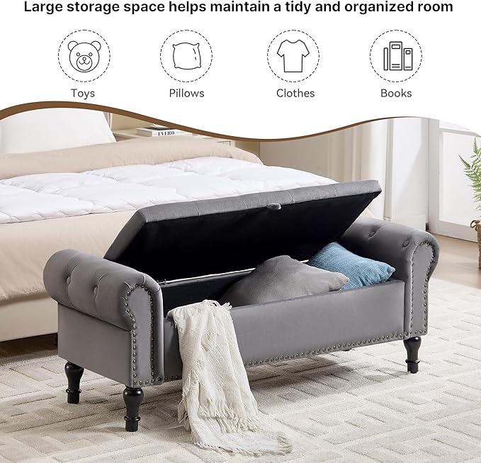Storage Bench for Bedroom, 51" Upholstered End of Bed Bench, Velvet Queen Size Benches with Rolled Arms, Tufted Button Storage Long Ottoman, Living Room, Entryway, Grey
