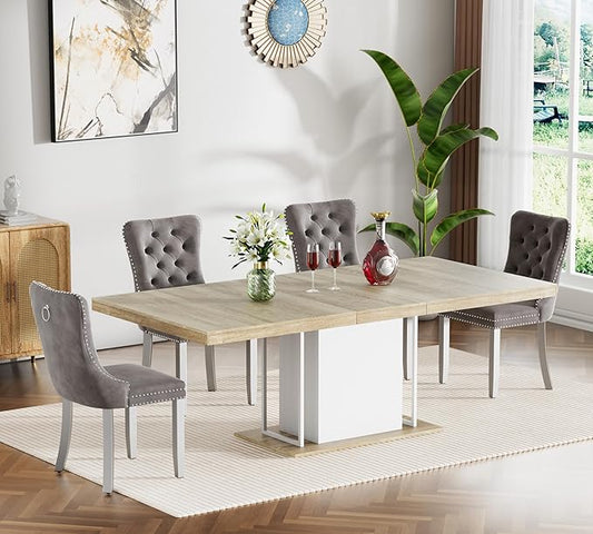 Goujxcy 78.7" Farmhouse Extendable Dining Room Table Set for 4, 5-Piece Rectangle Kitchen Dining Room Table Set with Wood Base and 4 Grey Velvet Dining Chairs, Extending Kitchen & Dining Table Set