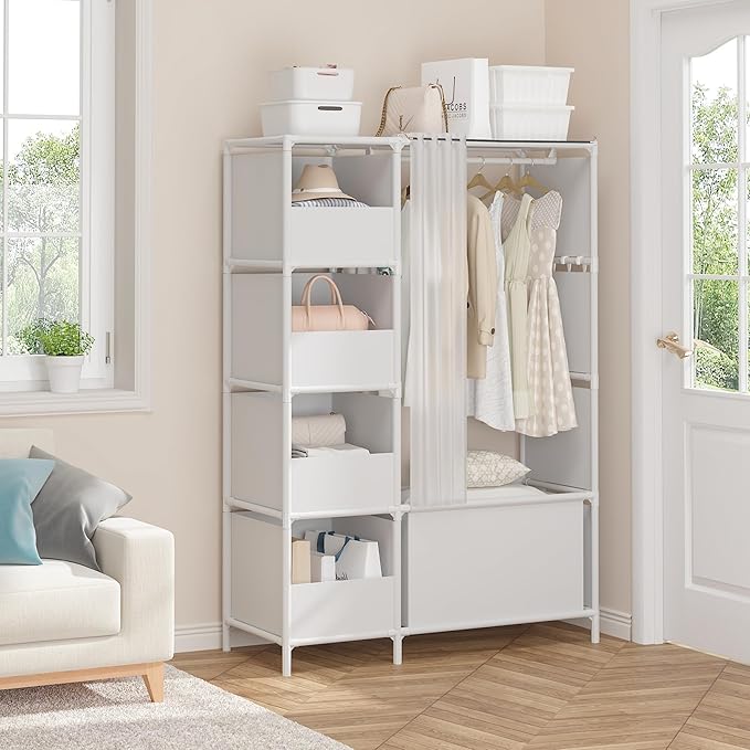 MOYIPIN Portable Closet，Free Standing Wardrobe Closet with Hanging Rod and Curtain，Clothes Storage Organizer, for Cloakroom, Bedroom，40.55 x 16.73 x 65.35Inches，White